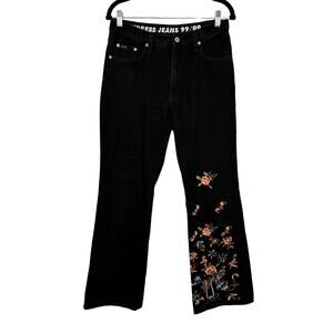 EXPRESS Vintage Jeans Womens 5/6 Y2K Floral Embroidered Mid Rise Flare Black USA